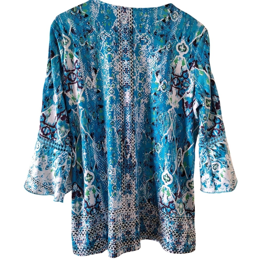 High Fifth Blouse Women XL Blue White Boho Bell Sleeve Scoop Neck